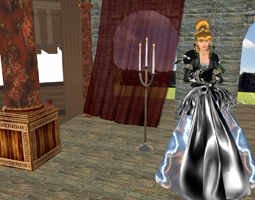A poetress reads in costume at the SL Globe Theatre