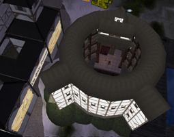 Aerial view, night, of SL Globe Theatre, dark night