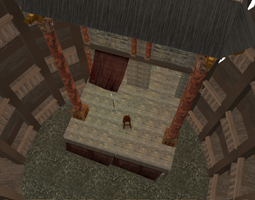 Aerial view of SL Globe Theatre Stage, misty dawn