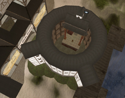Aerial view, night, of SL Globe Theatre, misty dawn